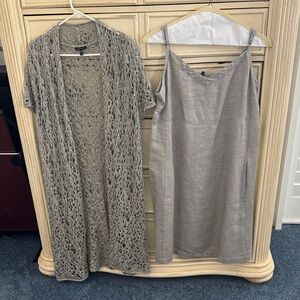 Eileen Fisher Silver Slip Dress with Lace Cardigan